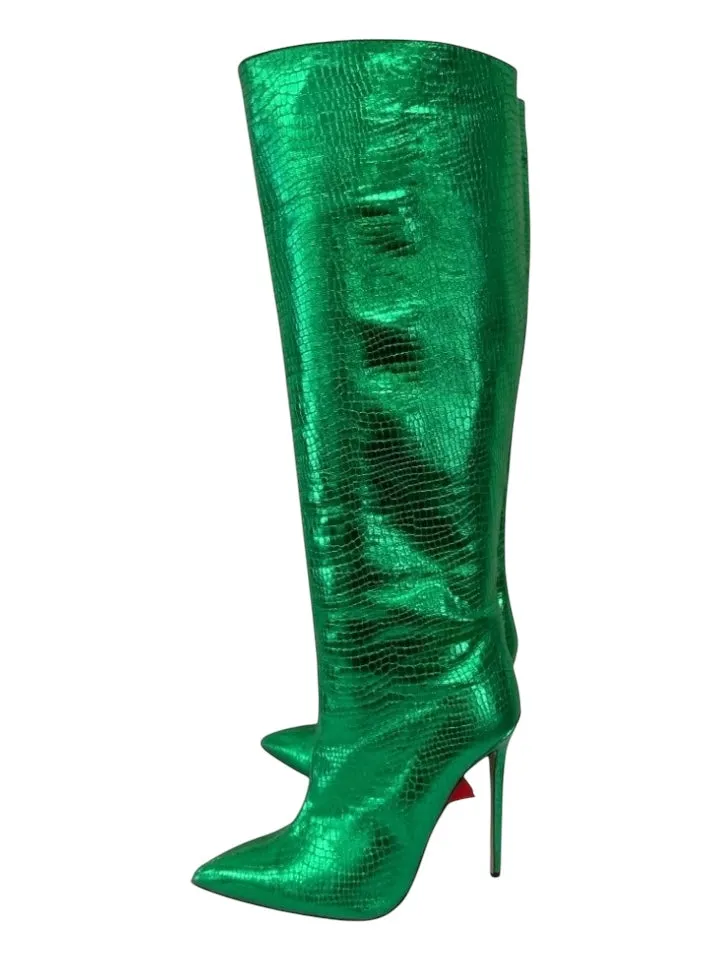 Identita Shoe Size 39 Green Embossed Leather Metallic Pointed Toe Boots