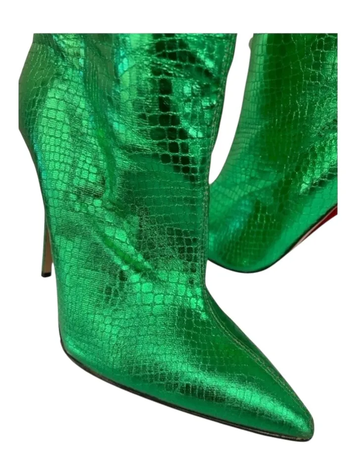 Identita Shoe Size 39 Green Embossed Leather Metallic Pointed Toe Boots