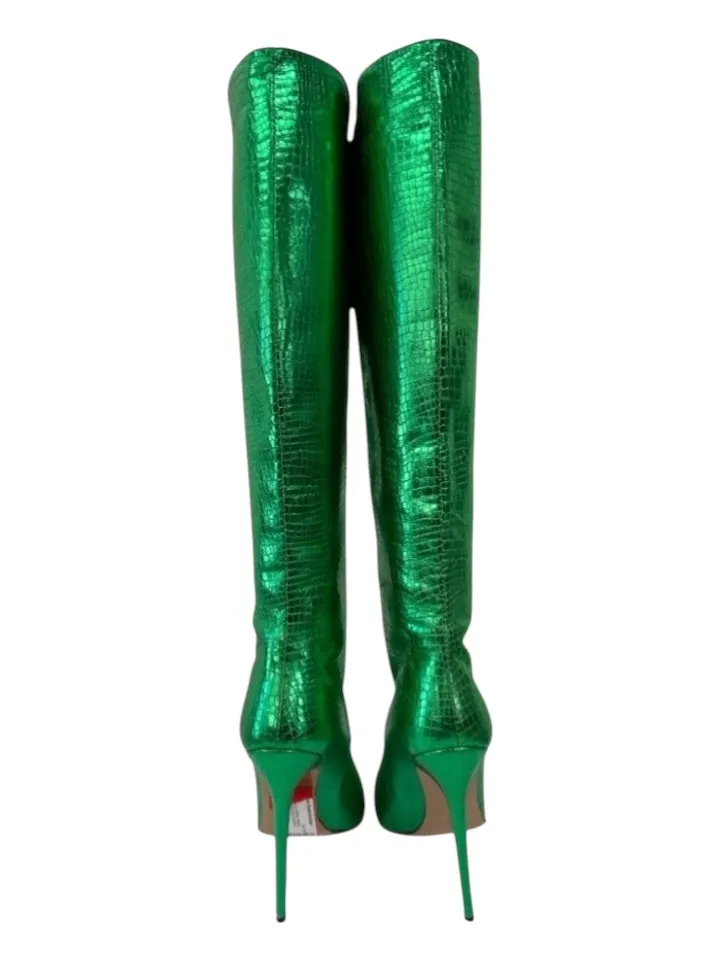 Identita Shoe Size 39 Green Embossed Leather Metallic Pointed Toe Boots