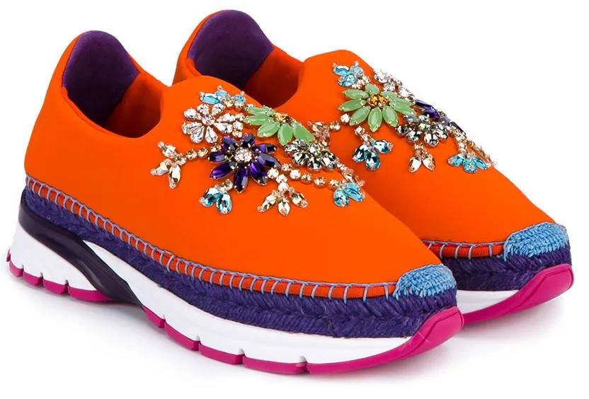 Jewel-Embellished Neoprene Slip-on Espadrille Sneakers - ( Orange, Yellow, Blue )