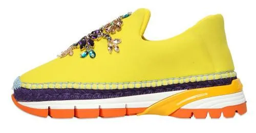 Jewel-Embellished Neoprene Slip-on Espadrille Sneakers - ( Orange, Yellow, Blue )