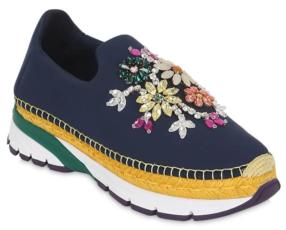 Jewel-Embellished Neoprene Slip-on Espadrille Sneakers - ( Orange, Yellow, Blue )