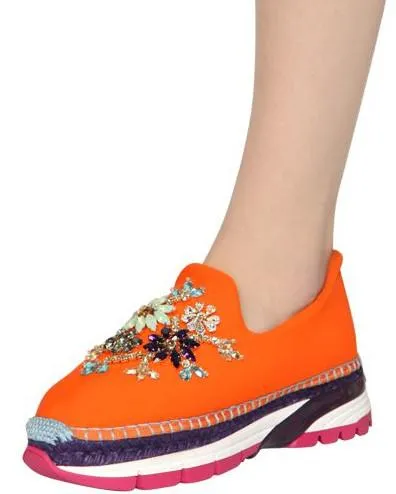 Jewel-Embellished Neoprene Slip-on Espadrille Sneakers - ( Orange, Yellow, Blue )