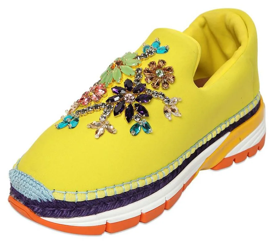 Jewel-Embellished Neoprene Slip-on Espadrille Sneakers - ( Orange, Yellow, Blue )