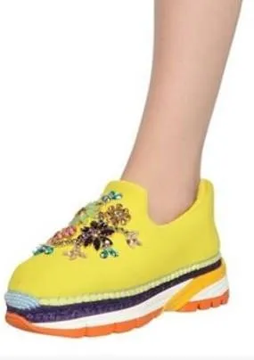 Jewel-Embellished Neoprene Slip-on Espadrille Sneakers - ( Orange, Yellow, Blue )