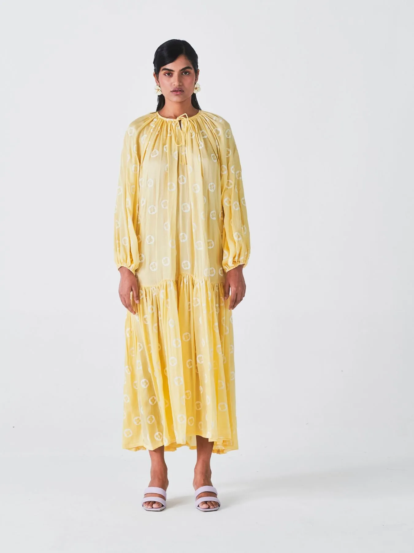 Juhi Rose Fibre Fabric Dress, Yellow Polka Dots