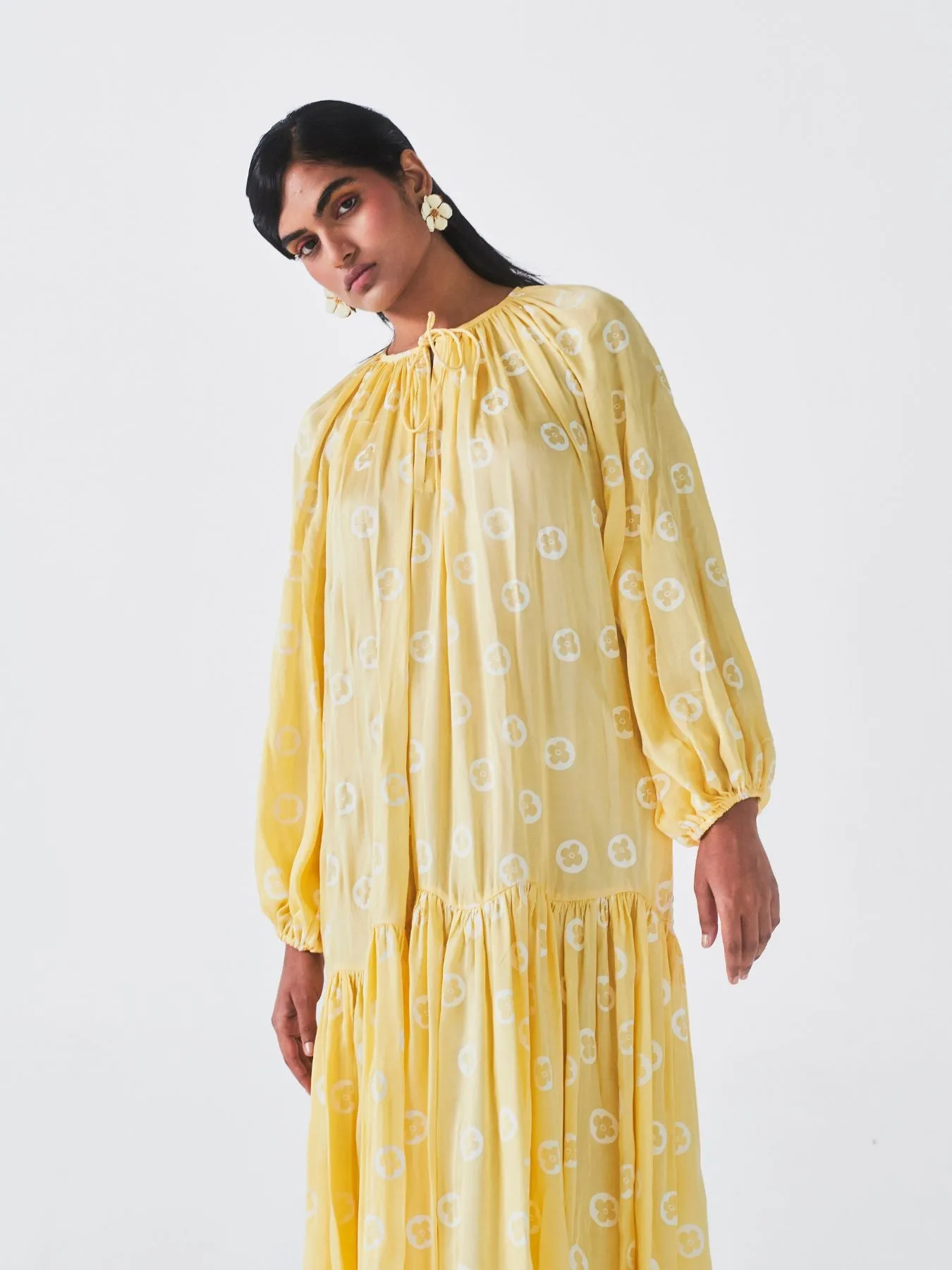 Juhi Rose Fibre Fabric Dress, Yellow Polka Dots