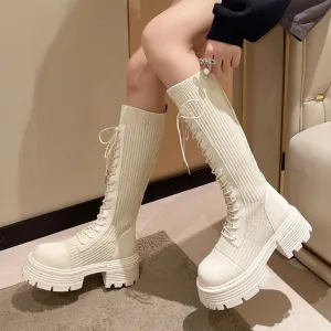 Knit Platform Knee High Boots