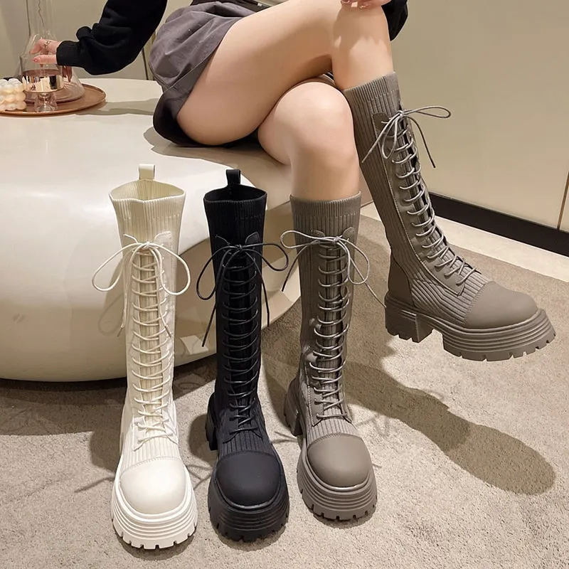 Knit Platform Knee High Boots