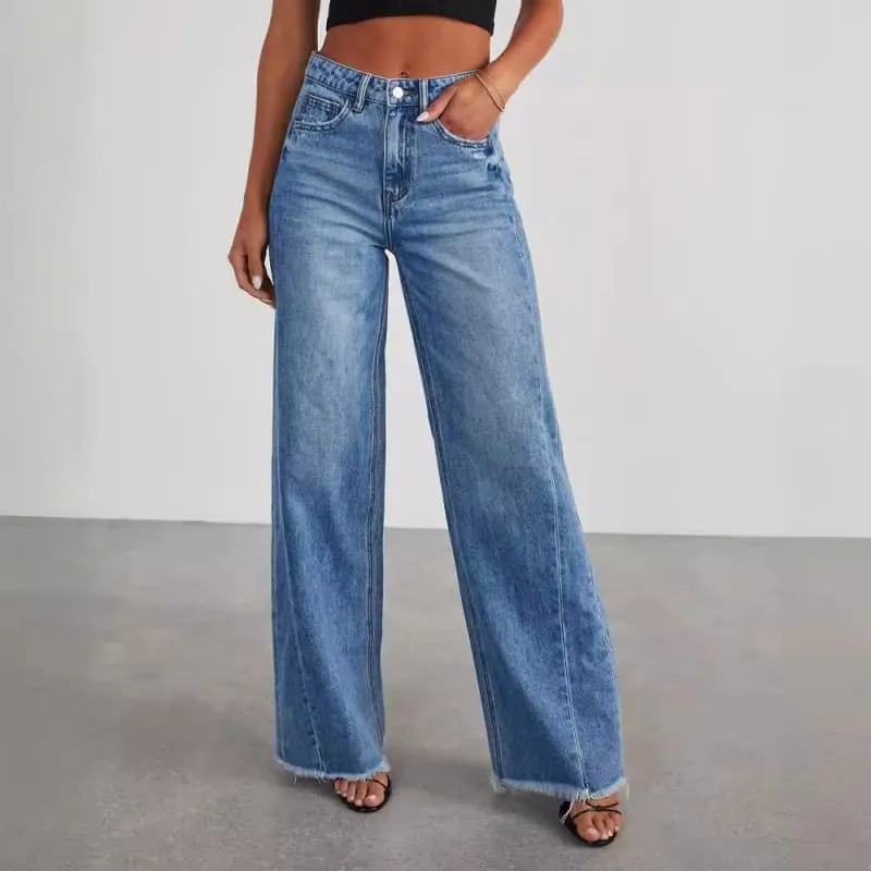 Ladies Loose Wide Leg Brushed Hem Denim Jeans for Comfy Style