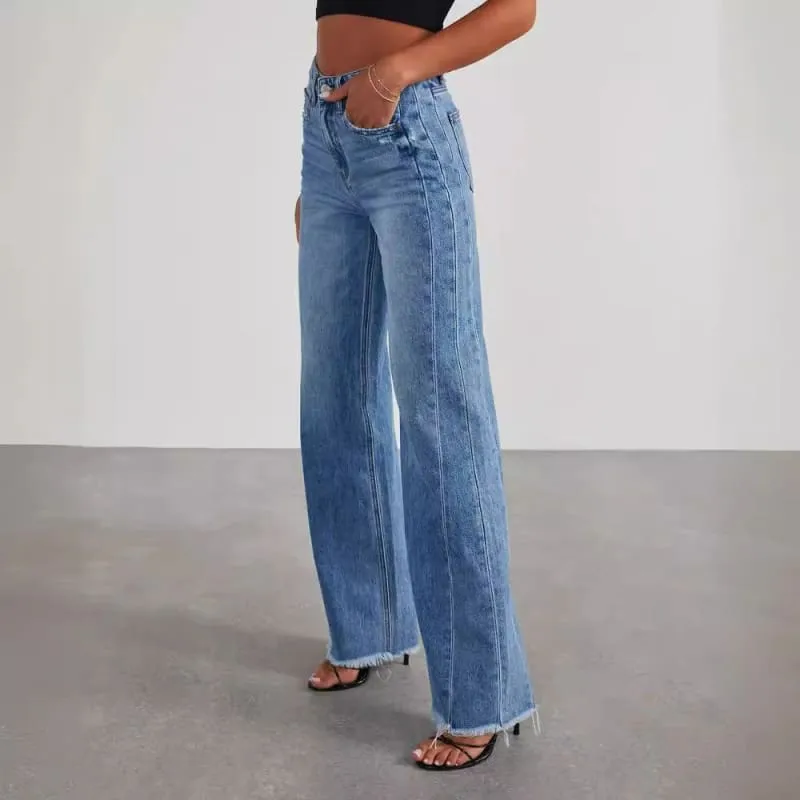 Ladies Loose Wide Leg Brushed Hem Denim Jeans for Comfy Style