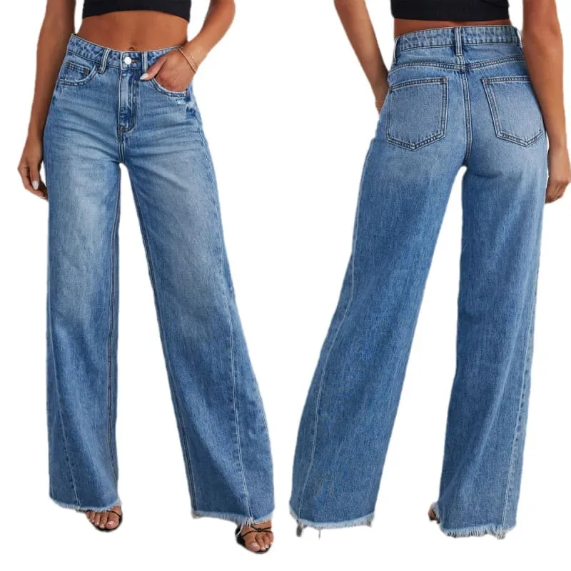 Ladies Loose Wide Leg Brushed Hem Denim Jeans for Comfy Style