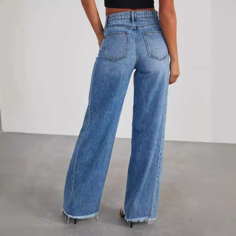 Ladies Loose Wide Leg Brushed Hem Denim Jeans for Comfy Style