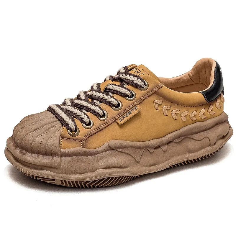 Leather Original Sole Sneakers for Women Platform Low-top Lace up in Yellow/Grey