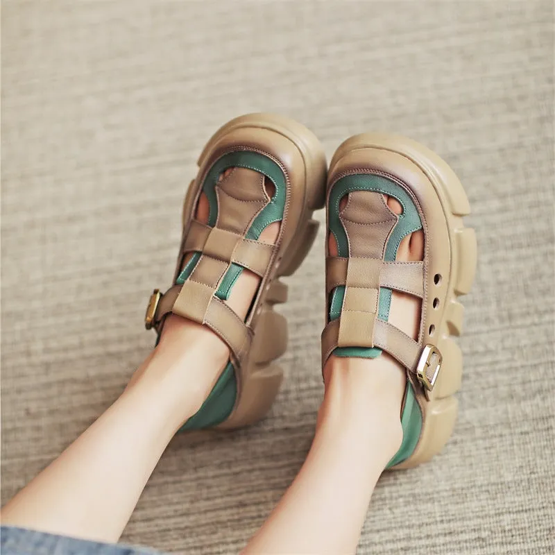 Leather Platform Fisherman Sandals for Women in Khaki/Green