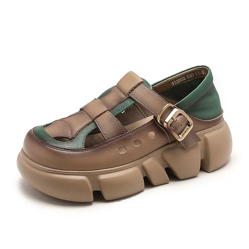 Leather Platform Fisherman Sandals for Women in Khaki/Green