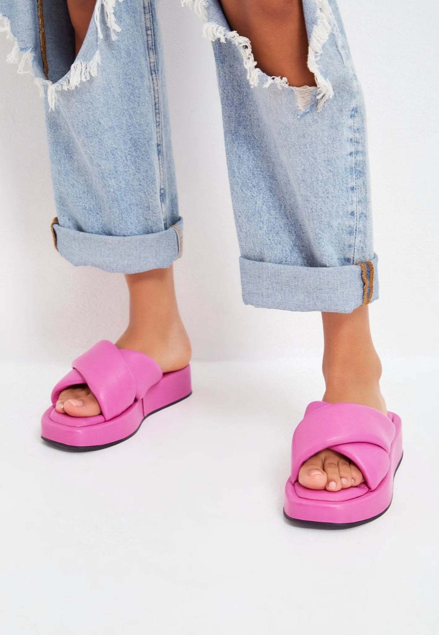 Leather Platform Mule - Fuchsia