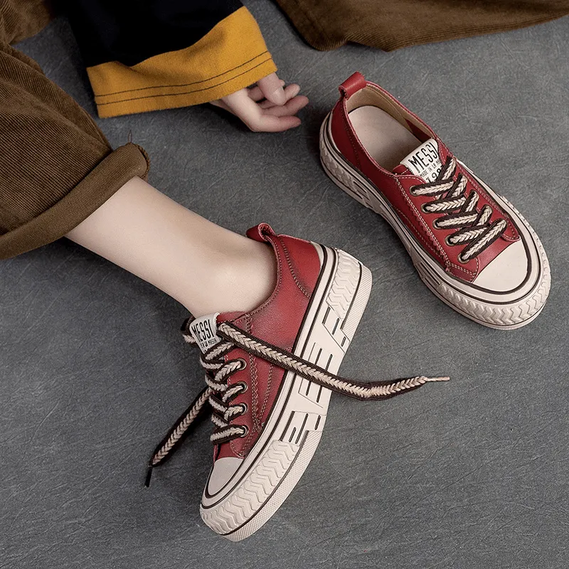 Leather Platform Sneakers for Women Low-top Lace Up in Green/Red/Beige