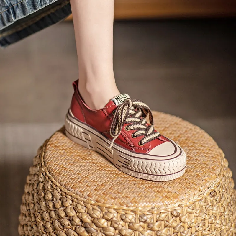 Leather Platform Sneakers for Women Low-top Lace Up in Green/Red/Beige