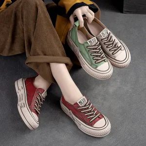 Leather Platform Sneakers for Women Low-top Lace Up in Green/Red/Beige