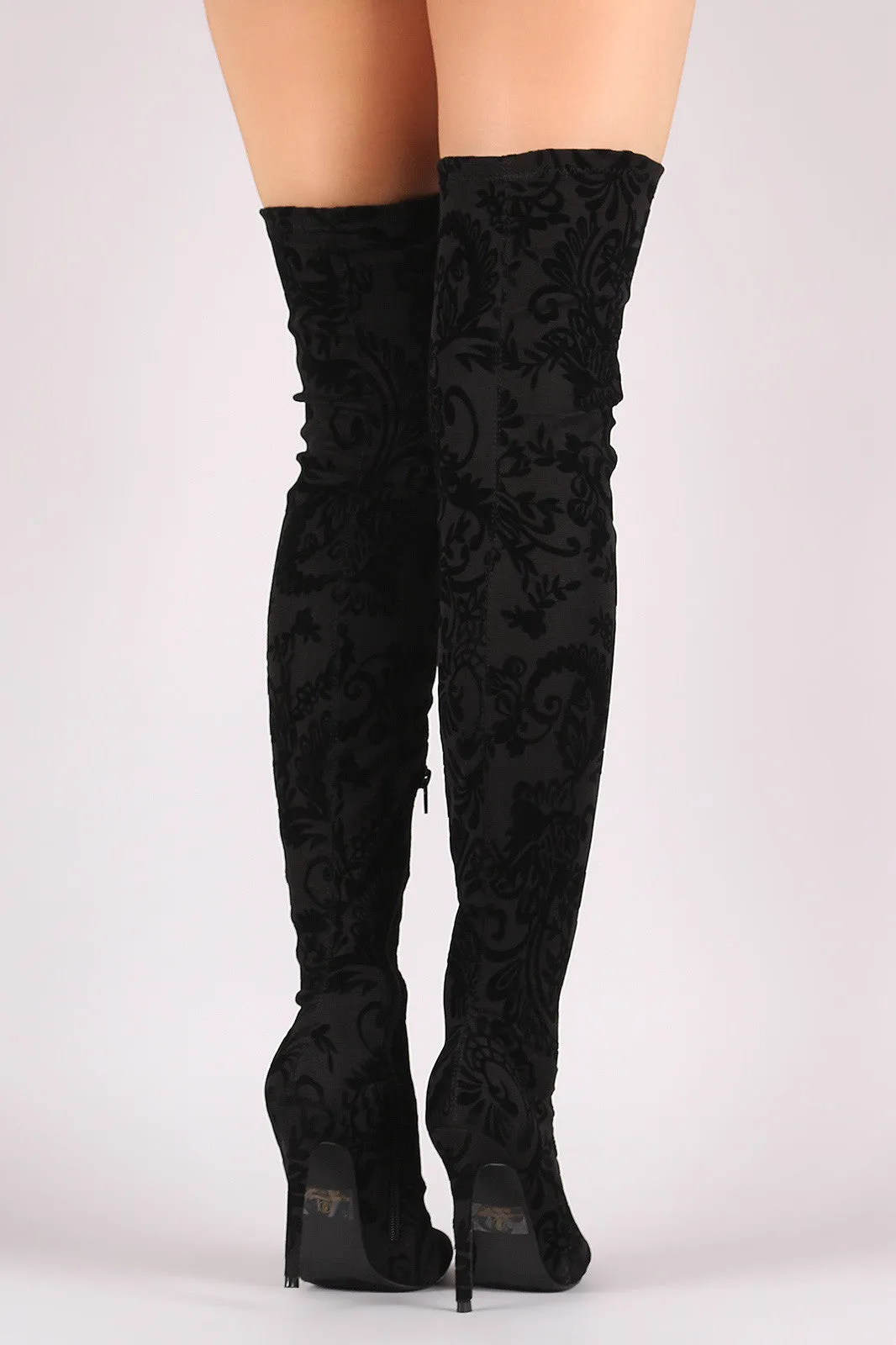 Liliana Fleur De Lis Burnout Velvet Stiletto Over-The-Knee Boots