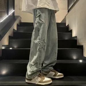 Men’s Wide Leg Baggy Jeans with Star Cutouts for a Unique Look