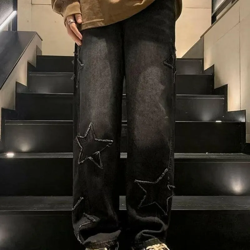 Men’s Wide Leg Baggy Jeans with Star Cutouts for a Unique Look