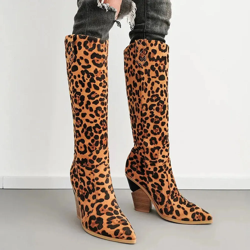 Merendy Eman Brown Heel pointed slip-on leather knee high boots