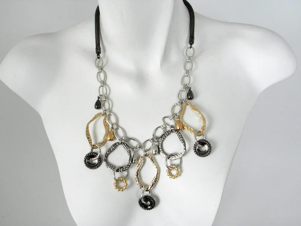 Mesh Chain Necklace with Hammered Ovals & Charms