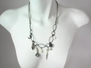 Mesh Necklace with Mother of Pearl & Geometric Charms