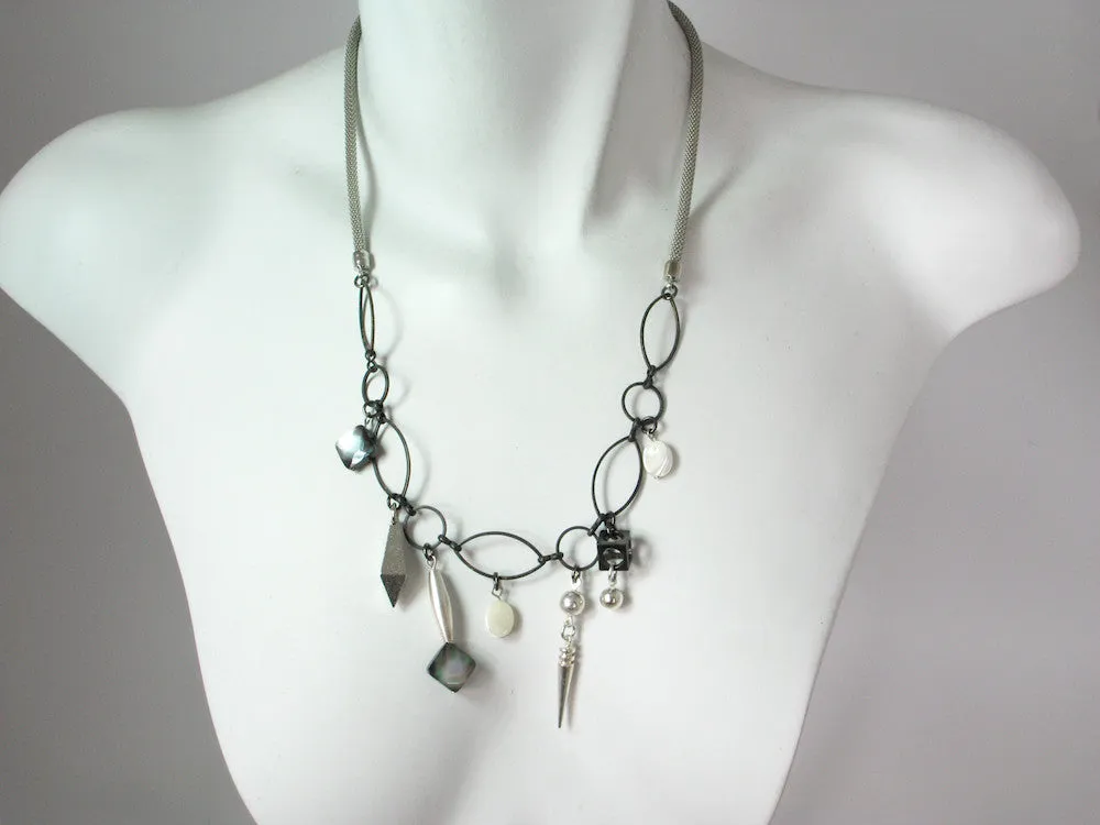 Mesh Necklace with Mother of Pearl & Geometric Charms