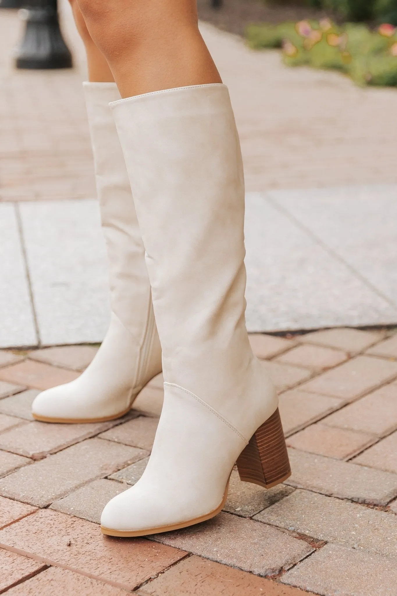 Nude Suede Knee High Heeled Boots