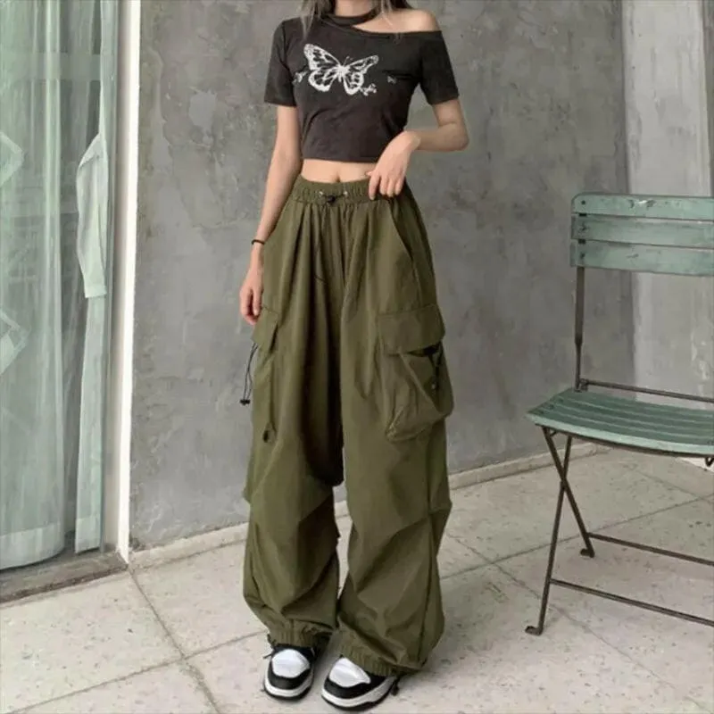 Olive Green Womens Streetwear Cargo Baggy Parachute Pants