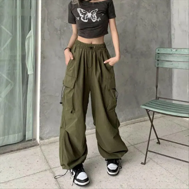 Olive Green Womens Streetwear Cargo Baggy Parachute Pants