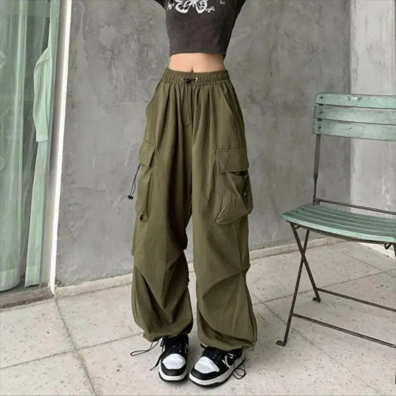 Olive Green Womens Streetwear Cargo Baggy Parachute Pants