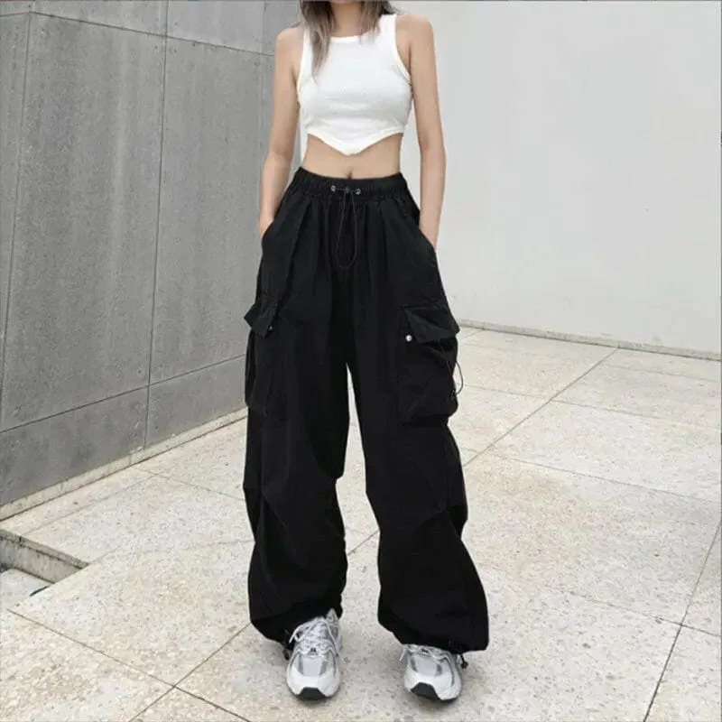 Olive Green Womens Streetwear Cargo Baggy Parachute Pants