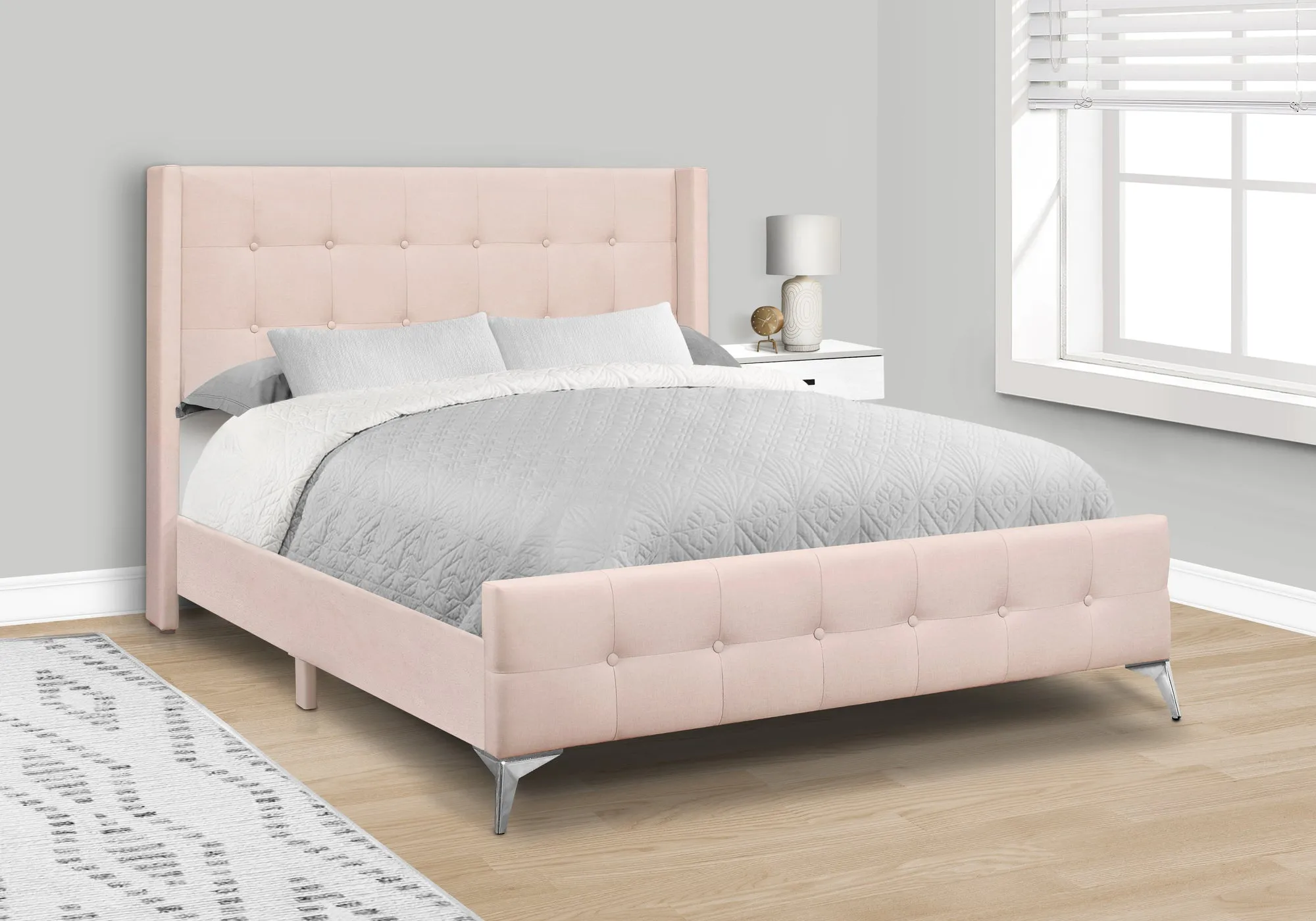 Pink Velvet Upholstered Queen Size Bed with Chrome Metal Legs