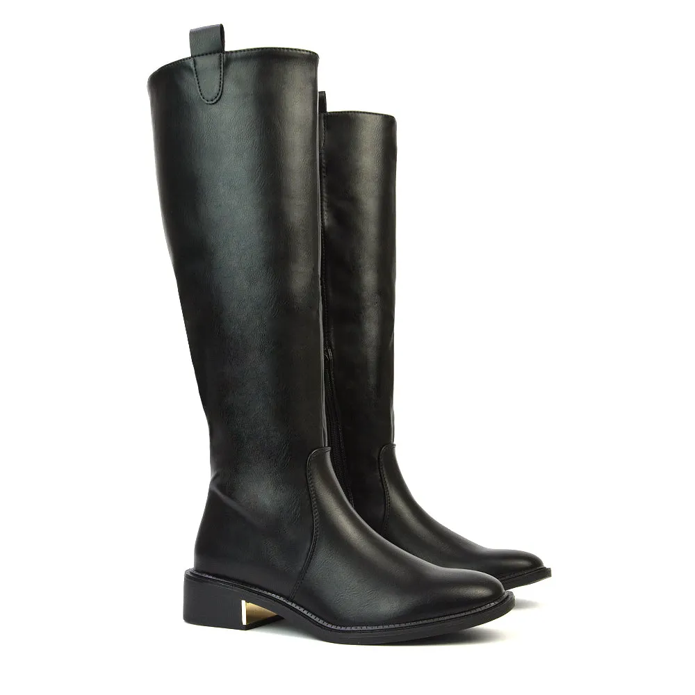 Prince Winter Flat Knee High Boots With Inside Zip in Black Synthetic Leather