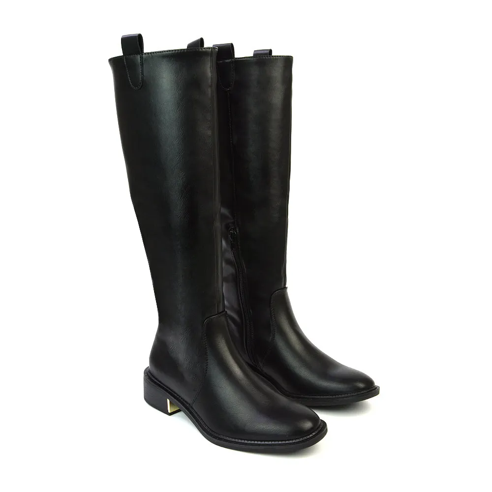 Prince Winter Flat Knee High Boots With Inside Zip in Black Synthetic Leather