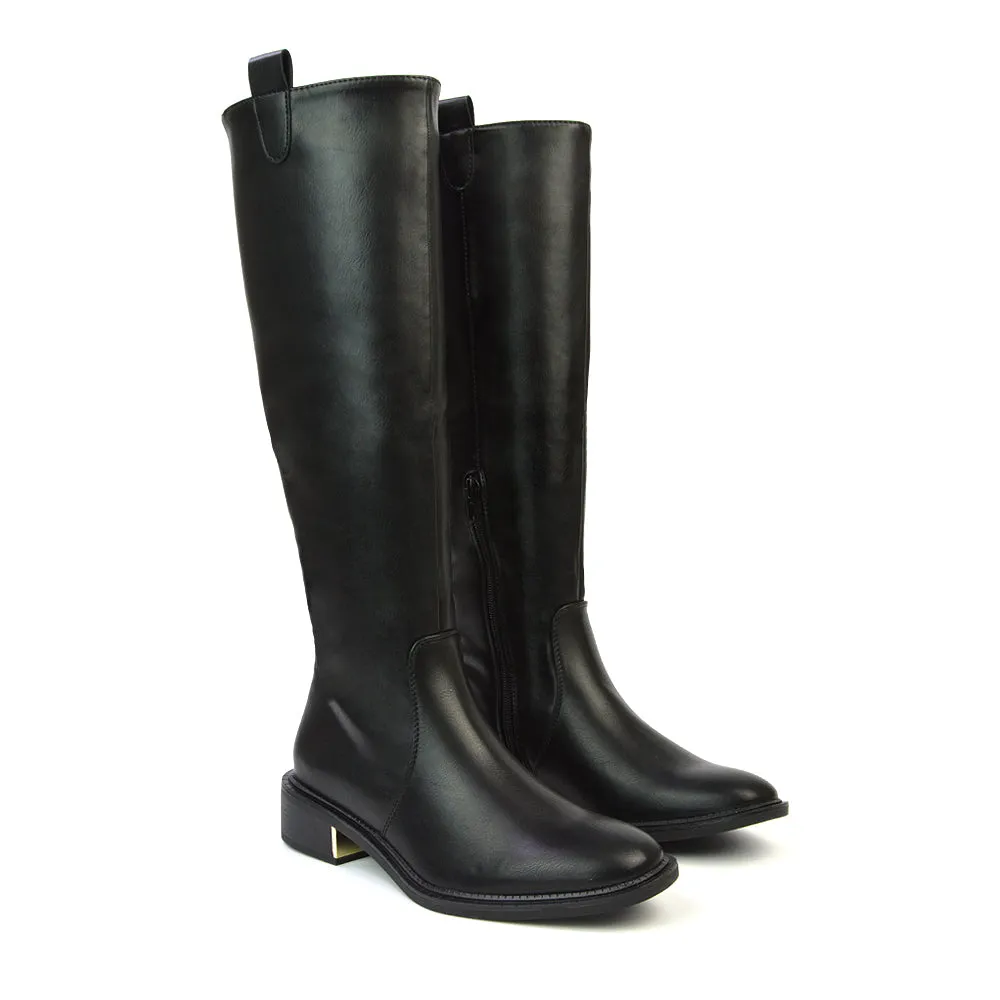 Prince Winter Flat Knee High Boots With Inside Zip in Black Synthetic Leather