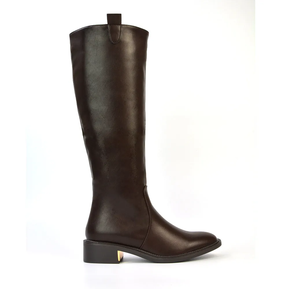 Prince Winter Flat Knee High Boots With Inside Zip in Black Synthetic Leather