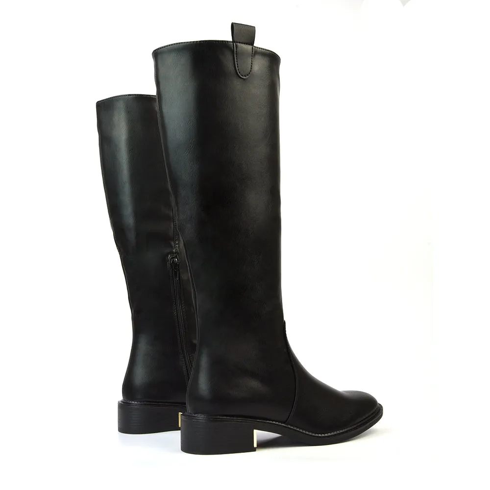 Prince Winter Flat Knee High Boots With Inside Zip in Black Synthetic Leather