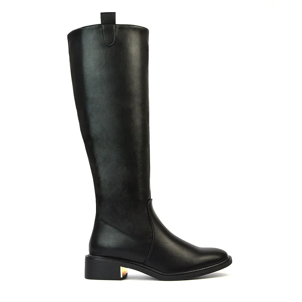 Prince Winter Flat Knee High Boots With Inside Zip in Black Synthetic Leather