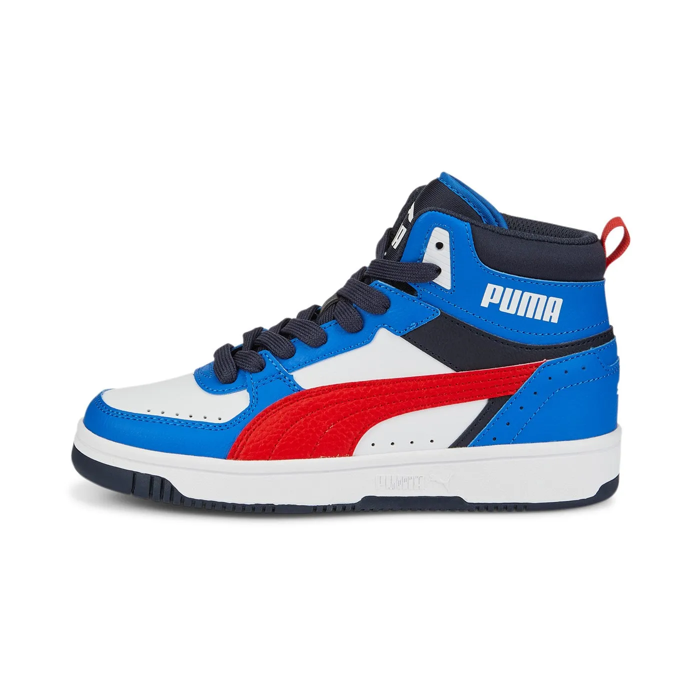 Puma Sneakers alta da ragazzo Rebound JOY Jr 388447 04 White-Burnt Red-Victoria Blue-Parisian Night