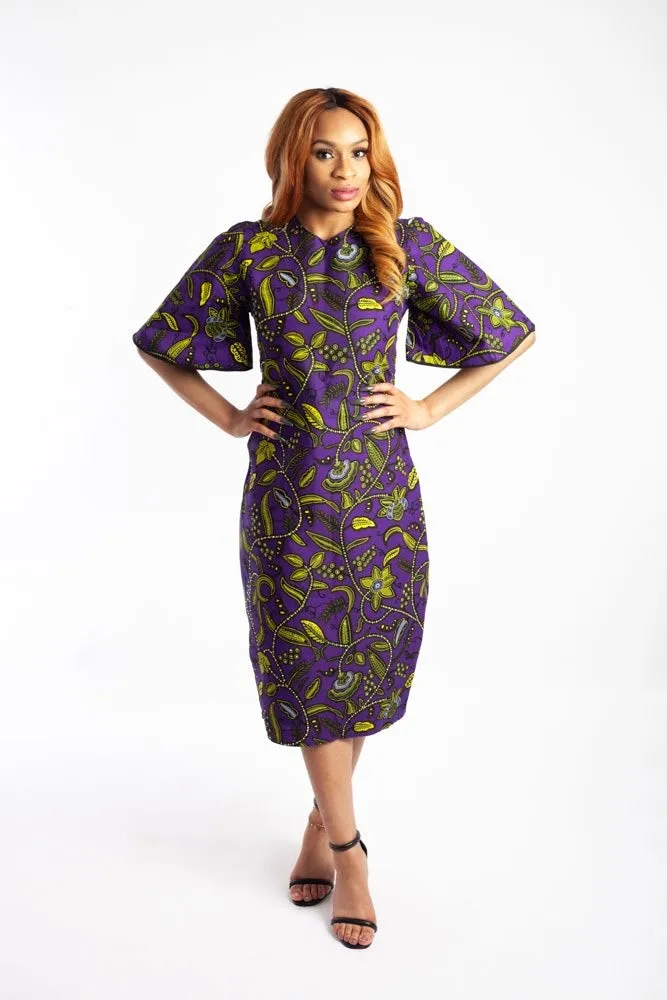 Purple Ankara Midi Dress embellished with Rhinestones