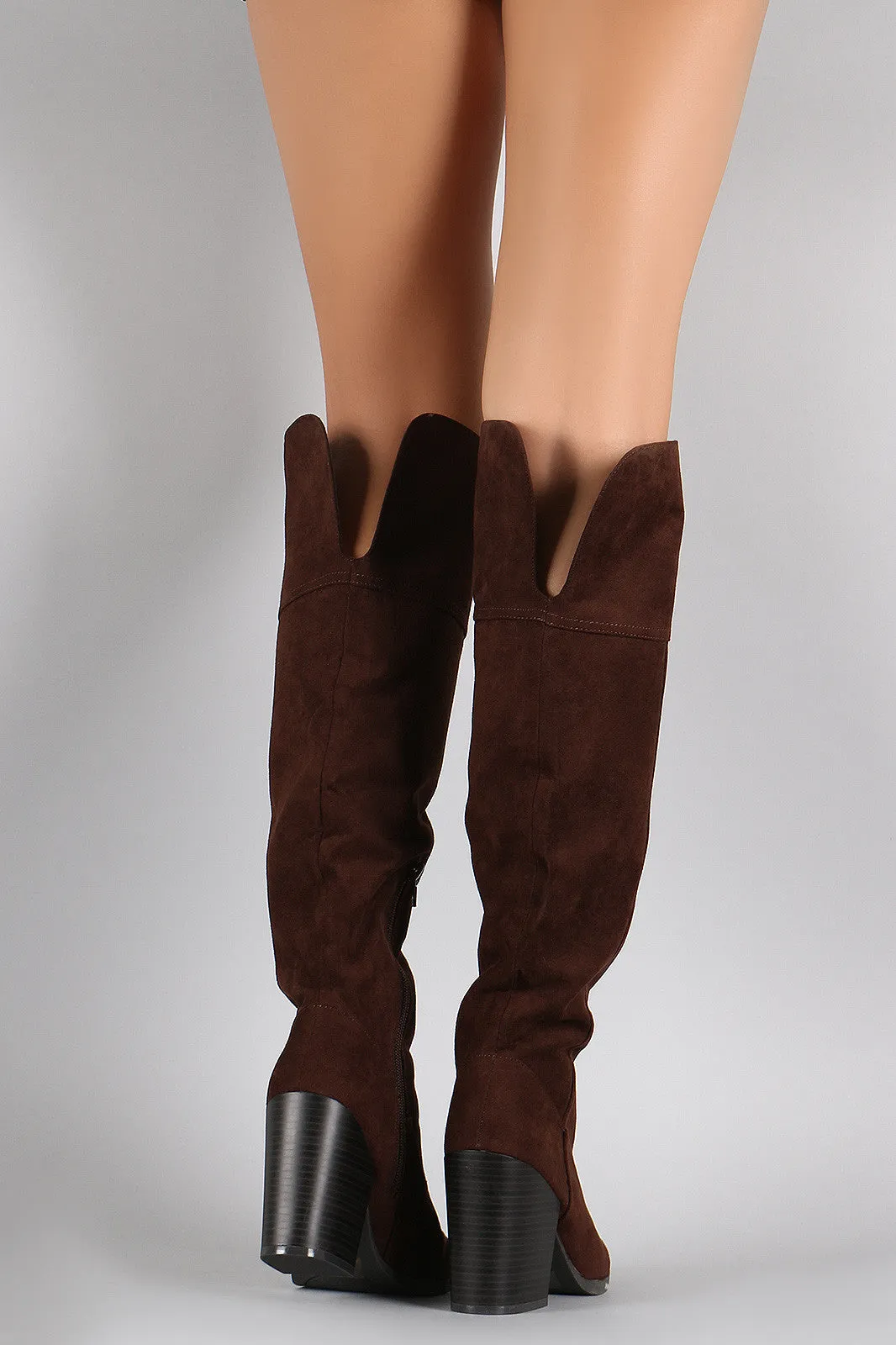 Qupid Suede Chunky Stacked Heeled Knee High Boots