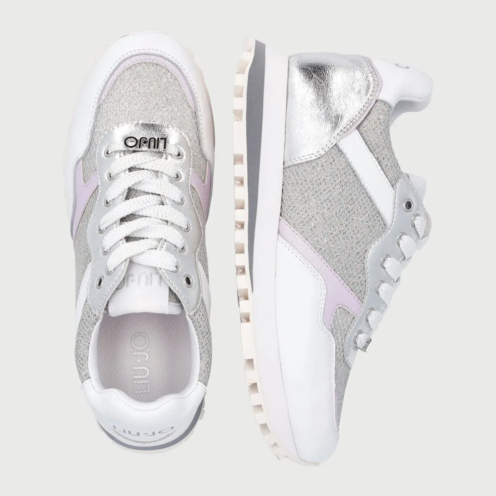 Scarpe Donna LIU JO Sneakers in Pelle e Tessuto Mesh colore Bianco e Argento