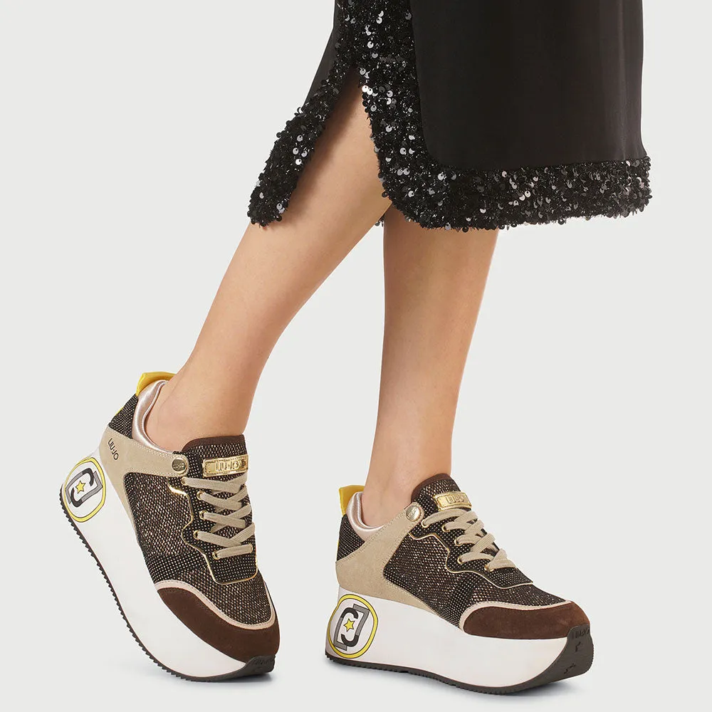 Scarpe Donna LIU JO Sneakers Maxi Platform in Suede e Mesh Glitter Gold