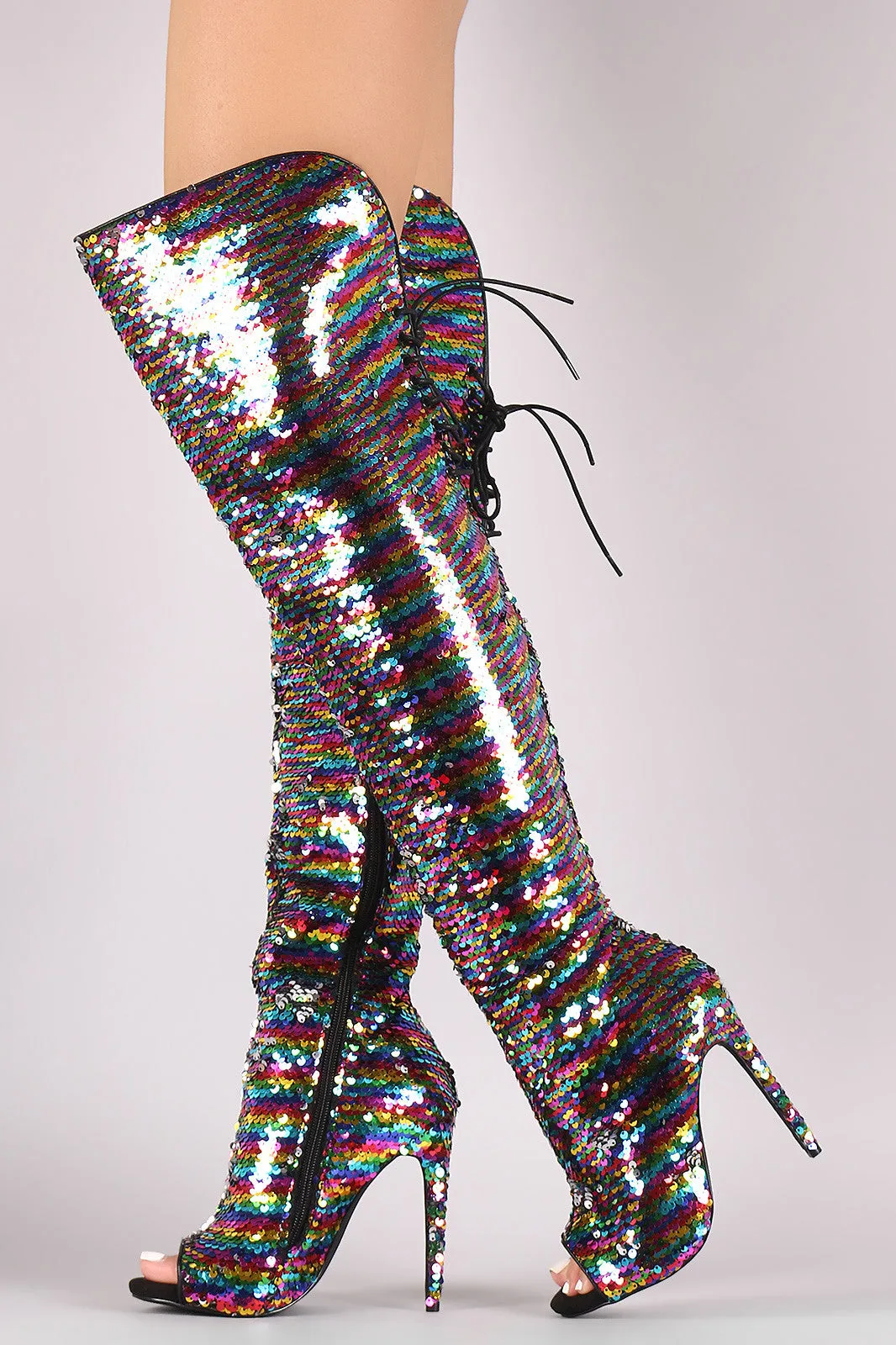 Sequin Peep Toe Lace-Up Stiletto Over-The-Knee Boots