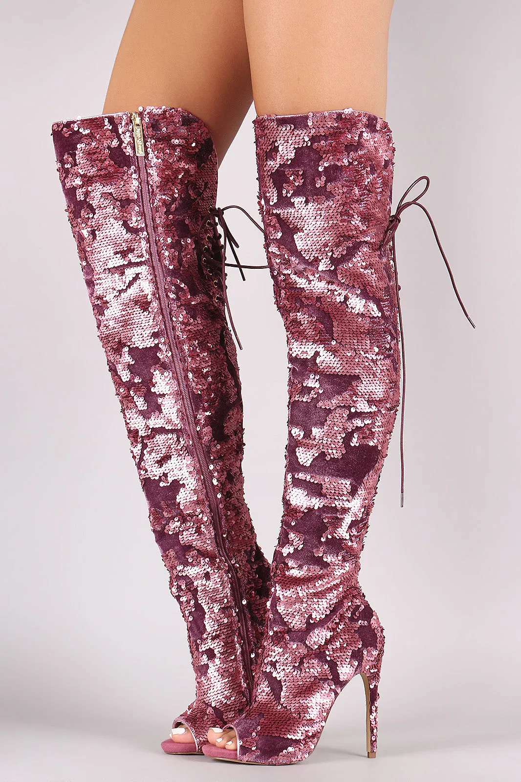 Sequin Peep Toe Lace-Up Stiletto Over-The-Knee Boots